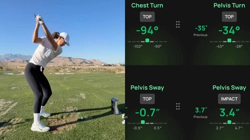 Michelle Wie West hits golf balls on a driving range. On the right, golf swing metrics inspired by Michelle Wie West are displayed: chest turn -94°, pelvis turn -35°, and more.